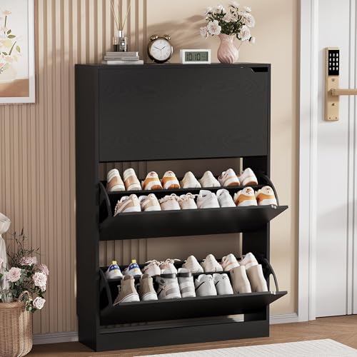 Shoe Storage Cabinet, Wood Shoe Organizer for Entryway with 3 Flip Drawers, Freestanding Shoe Rack with Adjustable Shelf, Narrow Shoe Dresser for Front Door Entrance (Black, 3 Drawers) - color: Black, size: Regular 3 Drawers