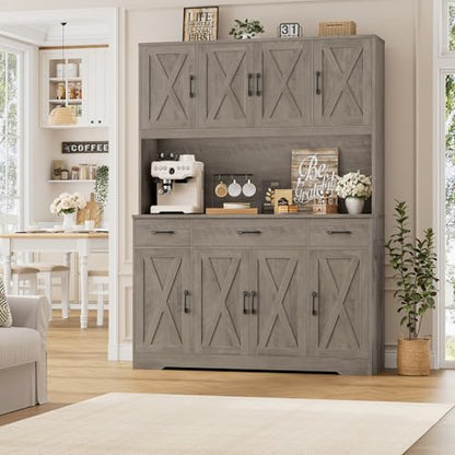 HOSTACK 71" Tall Kitchen Pantry Storage Cabinet, 55" W Kitchen Hutch, Grey | Large Pantry Cabinet with Charging Station / Countertop / 3 Drawers, Farmhouse Hutch Cabinet with Storage for Dining Room - color: Ash Grey