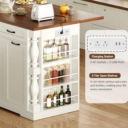Kitchen Island with Drop Leaf, 47.6" Kitchen Island with Storage | with Power Outlet & Trash Bin Rolling Kitchen Cart with Spice Rack Island Table for Kitchen Breakfast Home Bar, Antique White