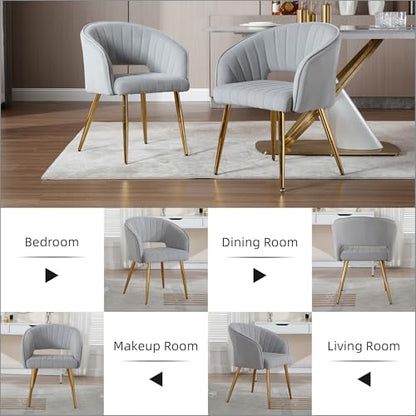 Velvet Home Office Desk Vanity Chair, No Wheels, Gold Legs, Grey | Modern Accent Chair with Stylish Stripe Design, Spacious‌ Soft Seat for Girls & Women Bedroom Makeup or Nail Table - color: Grey Velvet, No Wheels