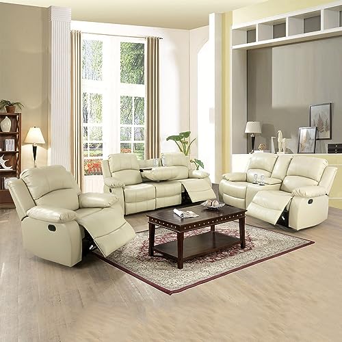 A Ainehome Recliner Sofa Set Living Room Manual Reclining Sofa Bonded Leather Loveseat Chair with Storage Console&Cup Holder Sectional Couch for Living Room/Home(A-Beige Leather, 3 Piece Set) - color: Beige Leather, size: 3 piece set