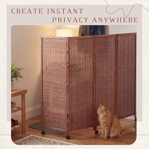 4 Panel Rolling Bamboo Short Room Divider with Wheels, 3.9FT Tall, Movable Folding Privacy Screen, Freestanding Partition for Loft, Apartment, Studio & Home Office, Brown