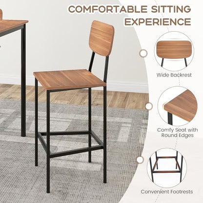 Giantex 5-Piece Dining Table Set W/Counter Height Table & 4 Bar Stools, Industrial Kitchen Dining Table Set W/Footrest & Backrest, Space-Saving Dinette Set for Pub, Dining Room, Restaurant (Teak) - color: Teak
