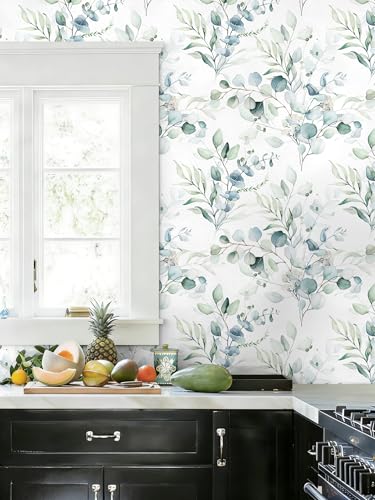 Floralplus Wallpaper Peel and Stick Renter Friendly Wallpaper for Bathroom | Removable Eucalyptus Leaf Wallpaper Renter Friendly Boho Textured Stick On Contact Paper for Cabinet Bedroom, 17.5 x 393 in - color: Green/White, size: 17.5" x 393"