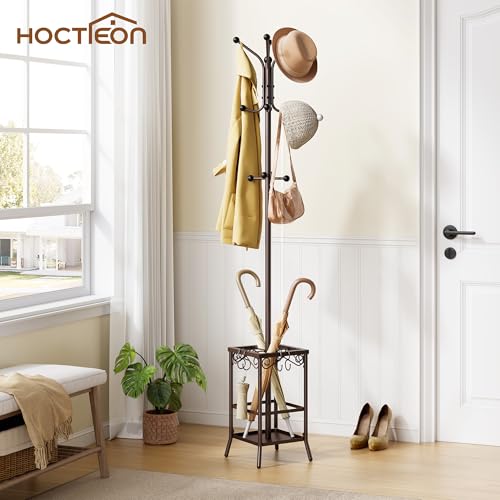 Hoctieon Coat Rack Freestanding, Coat Tree with Umbrella Holder | Metal Coat Rack Stand with 12 Hooks, Standing Coat Hanger Stand, Umbrella Stand for Entryway, Hat Rack Stand for Home Office - color: Brown