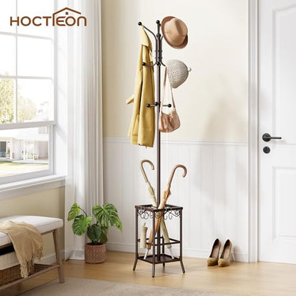 Hoctieon Coat Rack Freestanding, Coat Tree with Umbrella Holder | Metal Coat Rack Stand with 12 Hooks, Standing Coat Hanger Stand, Umbrella Stand for Entryway, Hat Rack Stand for Home Office - color: Brown