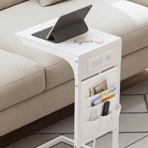 TUTOTAK C Shaped End Table with Charging Station, Side Table for Sofa | Couch Table with Storage Bag, TV Tray with 2 USB Ports and Outlets, Set of 2, Living Room and Bedroom, White TB01BW0242 - color: White, size: 2 Pack (11.8"W), style: With Plug