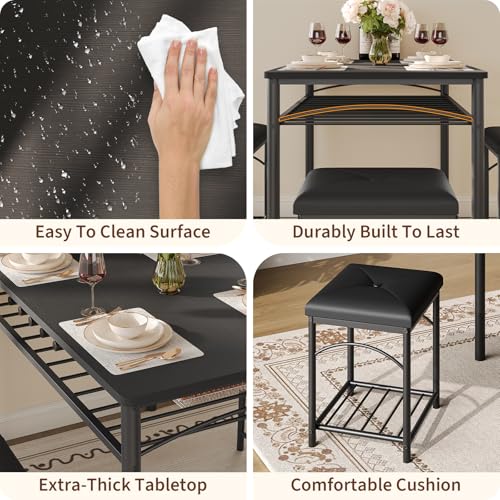 Space-Saving Dining Table Set for 4, Modern Kitchen Dinette with Padded Upholstered Bench & 2 Stools, Anti-Wobble Metal Frame Dining Furniture with Multi-Layer Storage Shelf, Waterproof Wood Grain Tab - color: Black