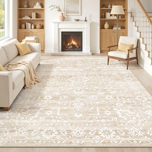 Soalmost 8x10 Area Rugs for Living Room, Washable Neutral Soft Rug Beige | Vintage Floral Non-Slip Low Pile Throw Large Carpet for Dining Room Bedroom Kitchen Home Office 8'x10' - color: Beige, size: 8' x 10' (Rectangular)