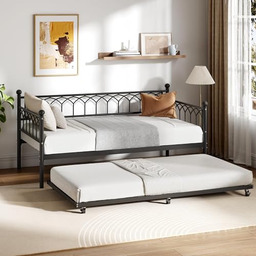 IDEALHOUSE Twin Size Metal Roll Out Trundle Bed Frame with Wheels and Slats Support, Black | Pull-Out Trundle, Space-Saving, Metal Frame, Living Room, Bedroom, Apartment - color: Modern Black, size: Twin Roll-Out Trundle