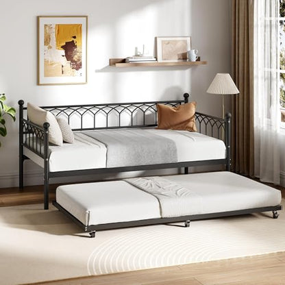 IDEALHOUSE Twin Size Metal Roll Out Trundle Bed Frame with Wheels and Slats Support, Black | Pull-Out Trundle, Space-Saving, Metal Frame, Living Room, Bedroom, Apartment - color: Modern Black, size: Twin Roll-Out Trundle
