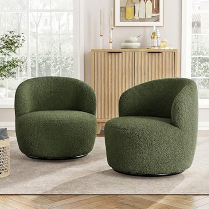 FiveWillowise Swivel Accent Chair Set of 2, 360° Small Round Barrel Chairs, Modern Cozy Sherpa Padded Armchair for Living Room, Bedroom, Waiting Room, Office, Moss Green - color: Moss Green, size: 2 PC