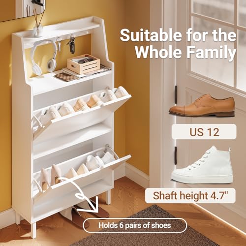 HHaotian Flip-Drawer Shoe Cabinet with Two Drawers & Open Shelves | Slim Hidden Shoe Rack Cabinet with Hook for Entryway, FSR221-W - color: White, size: 2-Drawers+Shelf