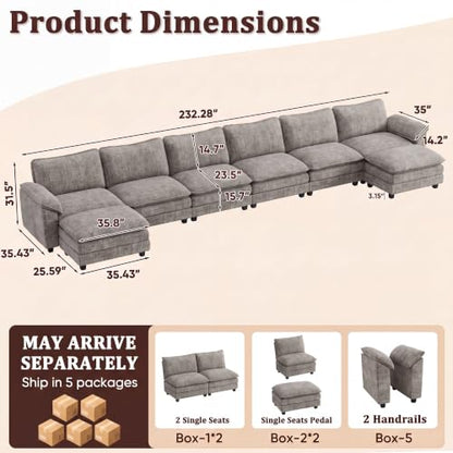 JUMMICO 232" Oversized Sectional Couch, Modular Cloud Sofa, Light Grey | Comfy Chenille, 2 Movable Ottoman, Deep Seat, Double Layer Cushion, 6 Seat, High-Density Foam, for Living Room - color: Light Grey, size: Oversized Sofa