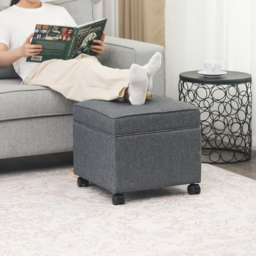 17" Square Storage Ottoman with Wheels, Upholstered Linen Movable Cube Footrest & Extra Seat with Flip Top for Living Room, Bedroom, Dark Grey - color: Dark Grey With Wheels
