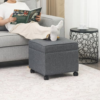 17" Square Storage Ottoman with Wheels, Upholstered Linen Movable Cube Footrest & Extra Seat with Flip Top for Living Room, Bedroom, Dark Grey - color: Dark Grey With Wheels