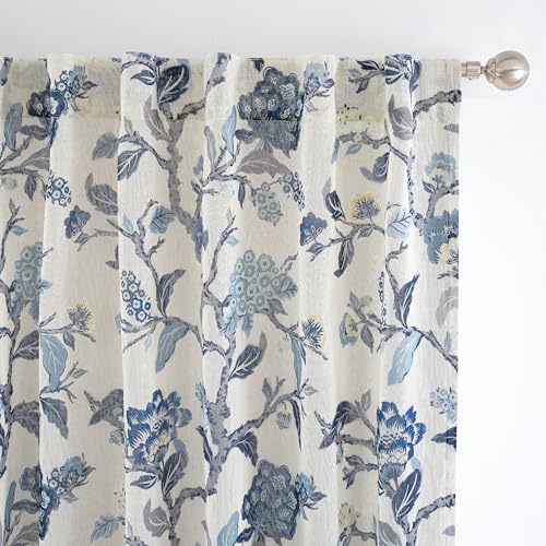 DriftAway Ada Floral Botanical Print Flower Leaf Lined Thermal Insulated Room Darkening Linen Blend 100% Blackout Back Tab Window Curtains 2 Layers Set of 2 Panels Each 52 Inch by 96 Inch Navy - color: Navy-back Tab, size: 52"W x 96"L (Pack of 2)