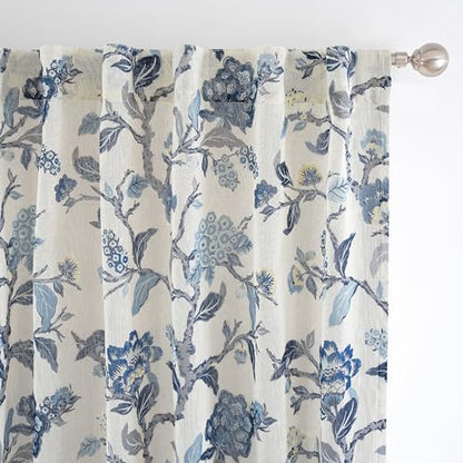 DriftAway Ada Floral Botanical Print Flower Leaf Lined Thermal Insulated Room Darkening Linen Blend 100% Blackout Back Tab Window Curtains 2 Layers Set of 2 Panels Each 52 Inch by 96 Inch Navy - color: Navy-back Tab, size: 52"W x 96"L (Pack of 2)