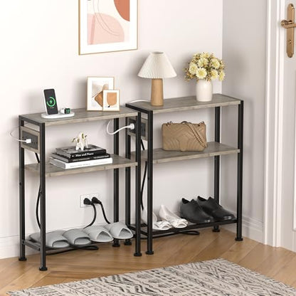 Small Narrow Side Table with Charging Station, Skinny End Table for Small Spaces, Slim Nightstand with Outlets, Sofa Bedside Table in Living Room, Bedroom, Kitchen and Balcony (Greige) - color: Greige