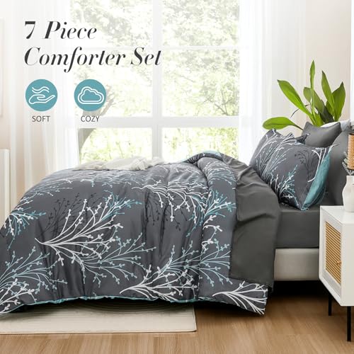 DJY Blue and Grey Reversible Comforter Set with Quilt Set Branch Flroal Pattern Bedding Set