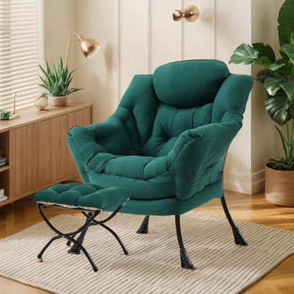 Lazy Chair with Ottoman, Soft Comfy Chair for Bedroom, Green | Reading Accent Lounge Chair with folding Foot Stool for Living Room Dorm Apartment, sturdy metal frame - color: Dark Green