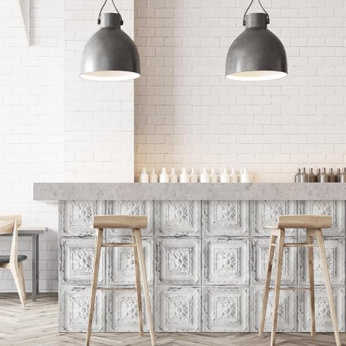 Froluya Distressed Tile Peel and Stick Wallpaper Ceiling 16.9" x 118.1" | Rustic White Contact Paper Embossed Self Adhesive Wallpaper Removable Waterproof Wall Paper for Kitchen Backsplash Vinyl - size: 16.9” x 118.1”