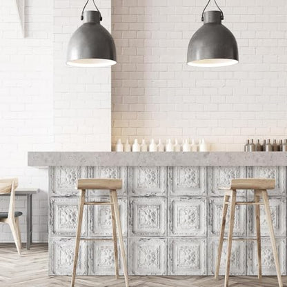 Froluya Distressed Tile Peel and Stick Wallpaper Ceiling 16.9" x 196.8" | Rustic White Contact Paper Embossed Self Adhesive Wallpaper Removable Waterproof Wall Paper for Kitchen Backsplash Vinyl - size: 16.9” x 196.8”