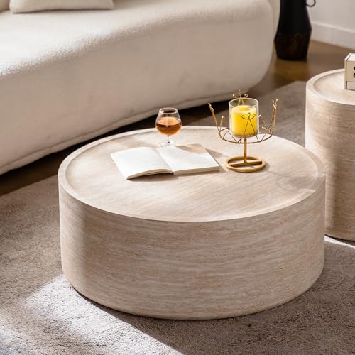 31.5'' Modern Round Drum Coffee Table for Living Room Office, Light Marble Texture, MDF Construction, Living Room Accent Side Table Center Table, No Need Assembly - color: Natural, size: 32in