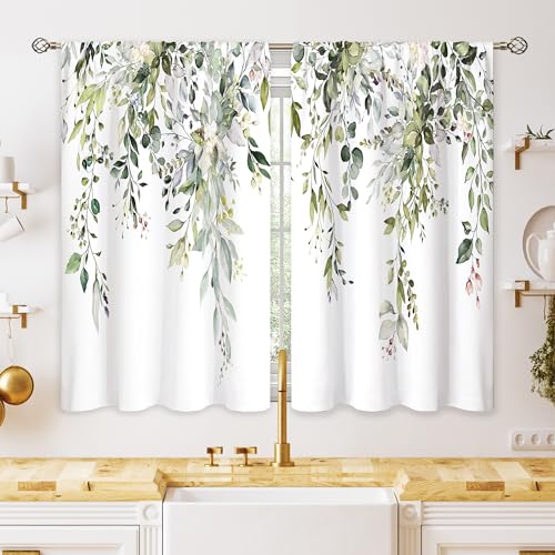 Eucalyptus Botanical Leaves Floral Kitchen Window Curtains Over Sink Farmhouse Flower Leaf Small Window Treatment Sage Green Cafe Short Curtains for Bathroom Treatment Tier Drapes 26x30 inch - color: 01 Sage Green, size: 26"W x 30"L (Pack of 2)