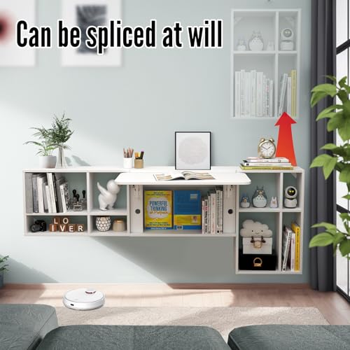 Floating Desk with Storage Shelves, 81'' Wall Mounted Desk Laptop Writing Study Table, Folding Drop Leaf Table, Multifunctional Computer Workstation for Narrow Small Space
