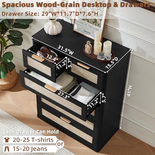 LEYAOYAO Rattan Dresser for Bedroom, 41" Tall Chest of Drawers | Gold Metal Handle, Black Modern 6 Drawers Boho Dressers with Storage for Living Room, Hallway - color: Boho Black, size: 15.5"D x 31.5"W x 41"H (6 Drawers)