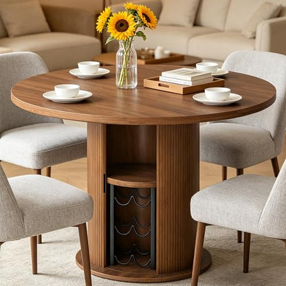 Wildhome Round Dining Table for 2-3, 31 Inch Dining Room Kitchen Table with 2-Tier Storage Shelf & Wine Rack, Modern Farmhouse Fluted Wood Slide Door Dinner Furniture,Circle(Non scalable-32 in) - color: Non-scalable-32 Inch-walnut