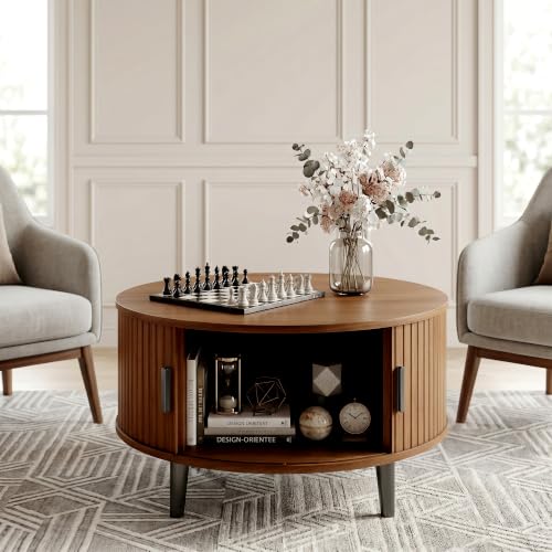 DreamDashio 31.5" Round Lift Top Coffee Table with Hidden Storage, Mid Century Modern Fluted Coffee Tables with Sliding Tambour Door, Small Wood Center Tables for Living Room, Small Space, Walnut