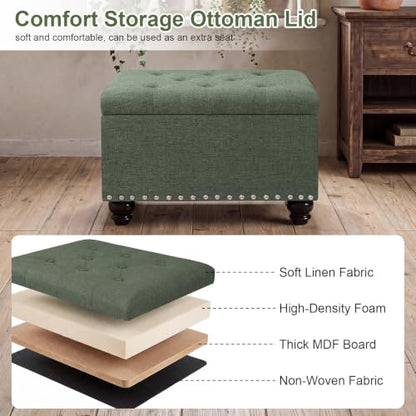 Ottoman with Storage, Fabric Ottoman Foot Rest 24" Rectangle Tufted Foot Stools Ottomans with Hinged Lid Upholstered Button Ottomans for Bedroom Living Room Entryway, Green - color: Green