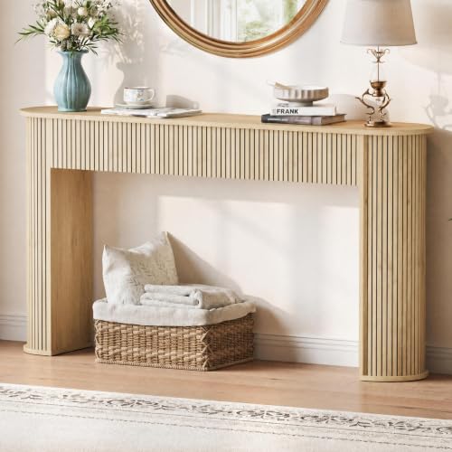 Garvee 59" Modern Fluted Console Table for Entryway,Living Room,Natural Oak | Sofa Table Behind the Couch, Hallway Tables, Curved Tabletop, Reinforced Legs, Anti-Tip & Non-Slip Structure - color: Natural Oak