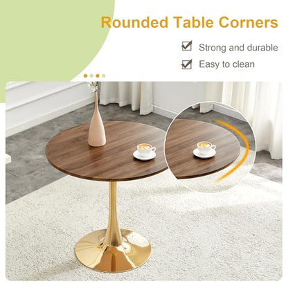 31.5" Round Dining Table, Mid-Century Modern Tulip Table with Thickened Tabletop & Metal Pedestal, Circle Bistro Table for Kitchen, Small Places, Apartments, Cafe - color: Walnut Gold, size: 31.5" dining table