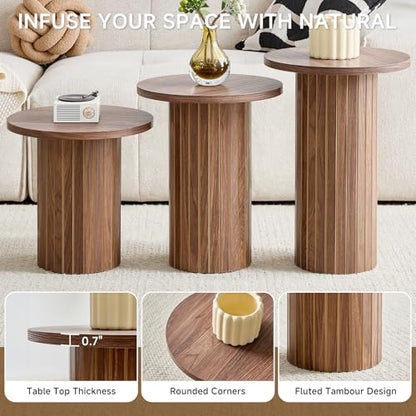 Round Nesting Coffee Table Set of 3 Mid Century Modern Wood Round Coffee Tables with Flexible Small Boho Circle End Table for Space Saving Living Room Comedor Home Office Bedroom(Brown) - color: 3pcs Brown