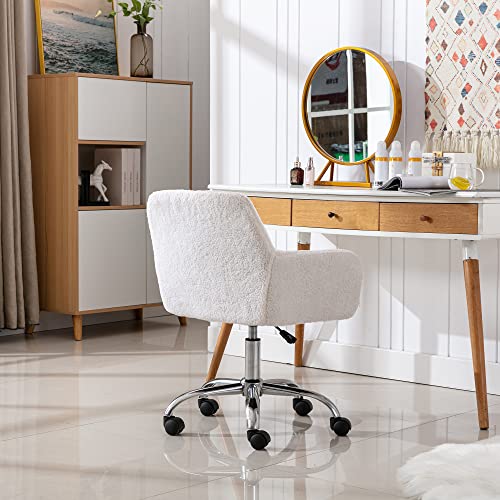 Faux Fur Makeup Vanity Chair,Home Office Desk Chair with Wheels, White | Fluffy Swivel Modern Armchair Upholstered Fuzzy Height Adjustable for Teens Women Girls Elegant for Living Room Bedroom - color: White+plush