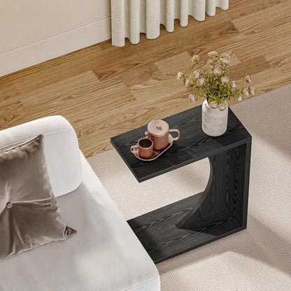 LITTLE TREE C-Shape End Table for Sofa & Bedroom - Small Side Table for Living Room, Over Couch Tray Stand for Laptop, Snacks, Books, Black, 1 Pack - color: Black