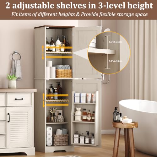 Function Home Farmhouse 주방 식료품 저장실 캐비닛, 162.6cm(64인치) 높이 슬림 욕실 보관 캐비닛, 헛간 문과 조절 가능한 선반이 있는 5단 나무 바닥 캐비닛, 다이닝 룸 거실용 앤티크 화이트 - color: 앤티크 화이트, size: 15.8"Wx11.81"Dx64"H