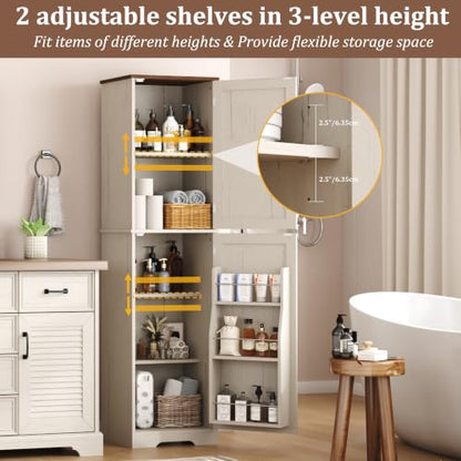 Function Home Farmhouse 주방 식료품 저장실 캐비닛, 162.6cm(64인치) 높이 슬림 욕실 보관 캐비닛, 헛간 문과 조절 가능한 선반이 있는 5단 나무 바닥 캐비닛, 다이닝 룸 거실용 앤티크 화이트 - color: 앤티크 화이트, size: 15.8"Wx11.81"Dx64"H