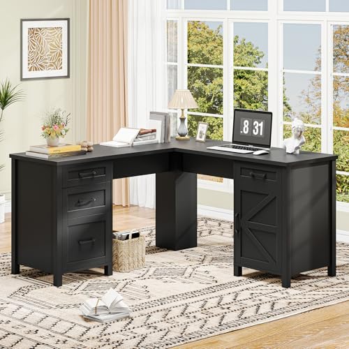Vabches 59” Farmhouse L Shaped Executive Desk with File Drawer, Black | Home Office Desk with Power Outlets, Storage Cabinet, Wood Corner Sturdy Writing Workstation - color: Black, size: Cabinet on the Right