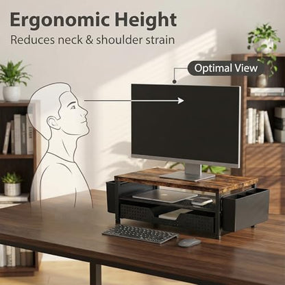 LEKETREE Wood Desk Organizer, 2-Tier Computer Monitor Stand Riser with Storage Drawer and 2 Pen Holders, Laptop & Printer Stand, Shelf for Top of Desk (Rustic Brown)