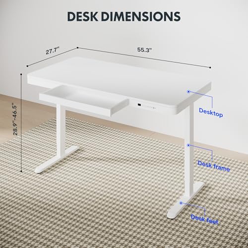 FLEXISPOT Comhar 55" Electric Standing Desk with Drawers, USB Charging Ports, Quick Assembly, Height Adjustable Sit Stand Computer Desk with Child Lock for Modern Minimalist Home Office, White - size: 55"White