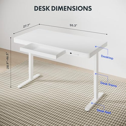 FLEXISPOT Comhar 55" Electric Standing Desk with Drawers, USB Charging Ports, Quick Assembly, Height Adjustable Sit Stand Computer Desk with Child Lock for Modern Minimalist Home Office, White - size: 55"White