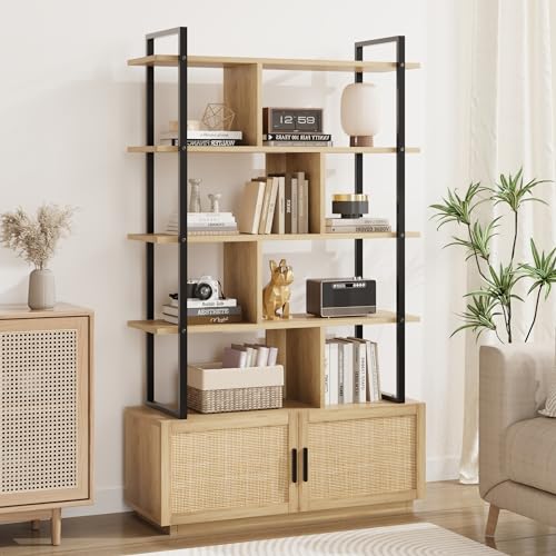 IDEALHOUSE 5 Tier Tall Bookshelf with Open Display Shelves, 71 Inch Rattan and Metal Frame Bookcase with Storage, Multi-Use Bookcase for Living Room, Bedroom, and Home Office - color: Natural Wood