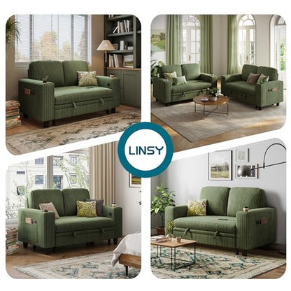 LINSY HOME Loveseat Sofa with Pull Out Couch Chaise: 2-in-1 Convertible 2 Seater Sofa with USB Charging & Cup Holders, Comfy Plush Corduroy Love Seat for Small Spaces Living Room Apartment, Green