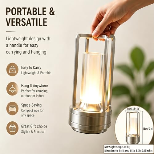 Rechargeable Crystal Table Lamp, 3-Color Touch LED, Silver | Silver metal crystal lantern, 3-color touch dimming, USB-C rechargeable, compact 7.1 in accent light for patio table - style: silvery-1