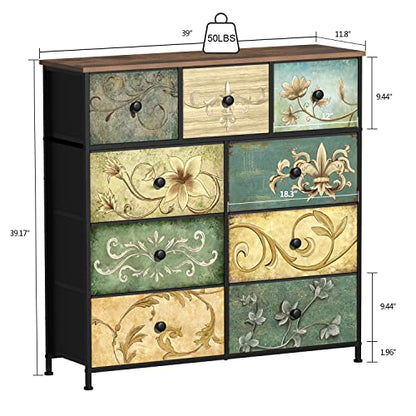 Dresser with Drawers for Bedroom Chest of Drawers Fabric Dresser for Closet,Nursery Entryway Hall Tree TV Stand for Living Room Retro Floral Pattern Drawers Wooden Top (9 Drawers) - size: 11.8"D x 39"W x 39.4"H (9 Drawers)