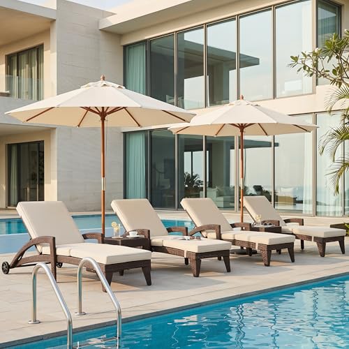 Patio Chaise Lounge Set of 4, Wicker Lounge Chairs Outdoor with Wheels, Heavy Duty Lounger Chair Outdoor, Wicker Chaise Lounges with Armrests All Weather, Khaki - color: Khaki, size: 4 pack